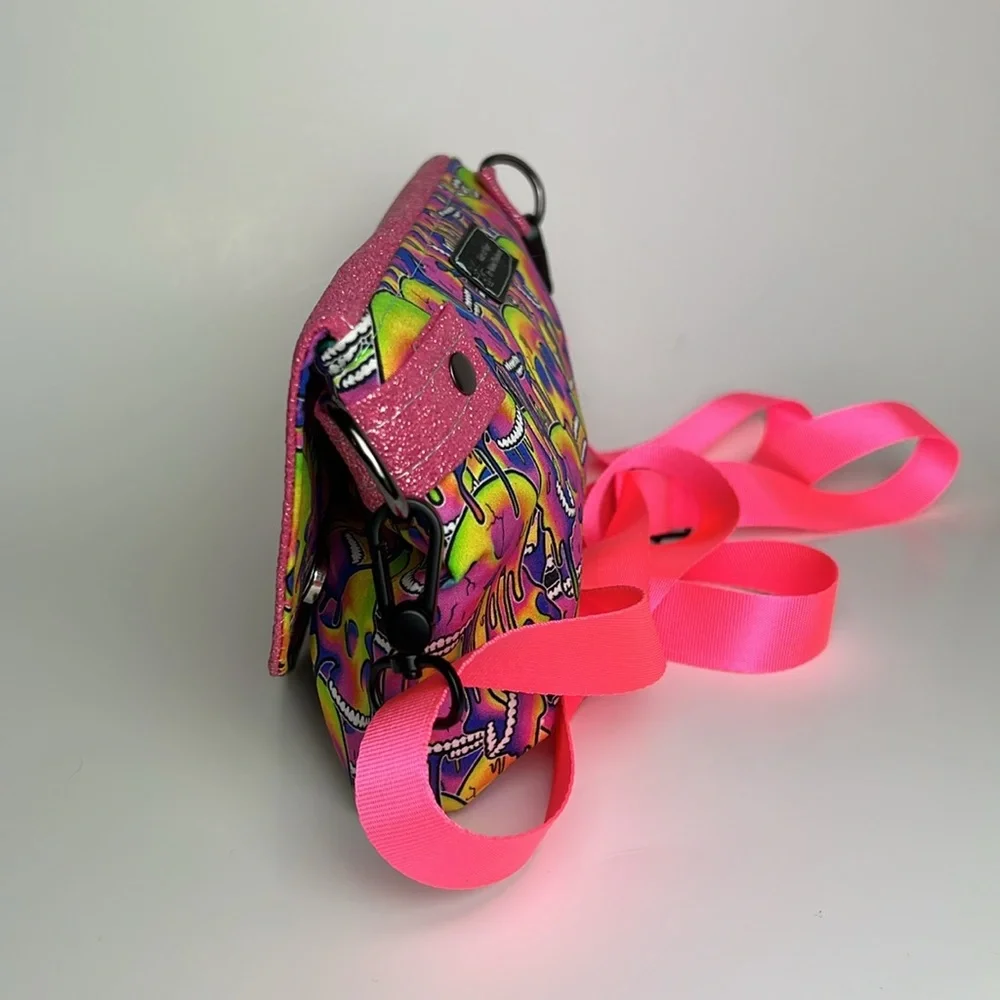 Skull Neon Pink Glitter Drippy Psychedelic Crossbody Bag with Strap - Picture 10 of 12
